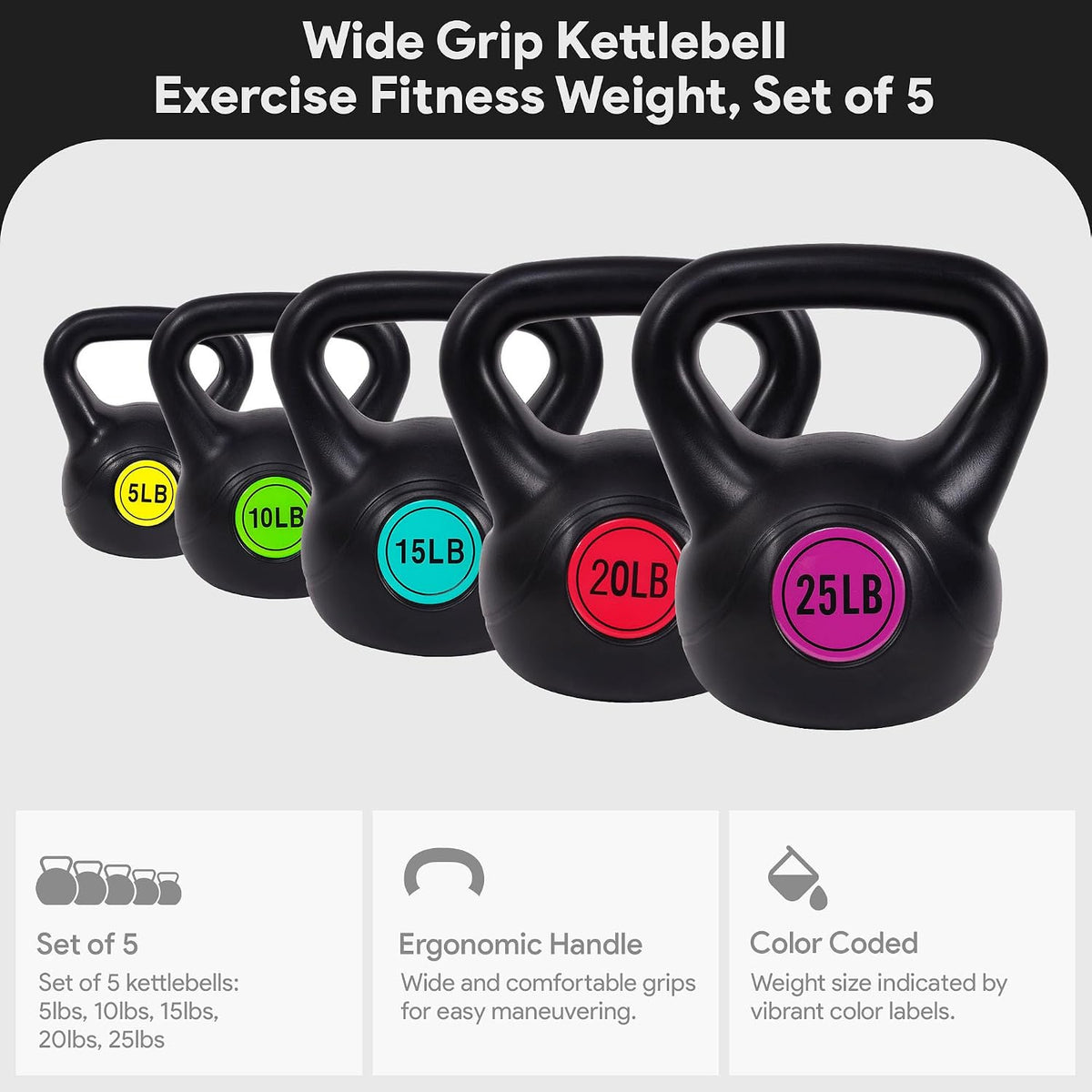 BalanceFrom Vinyl Kettlebell Set, 30/45/50/75 Pound Options – Cement-Filled Strength Training Weights with Ergonomic Grip and Color Coding for Full Body Fitness at Home or Gym
