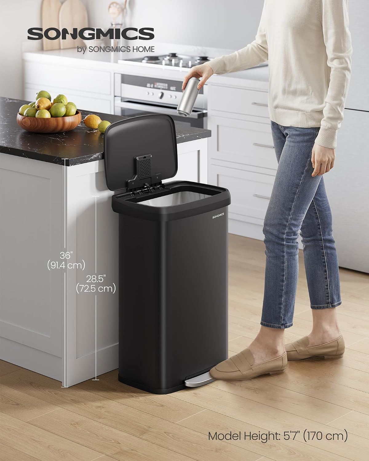 SONGMICS Kitchen Trash Can, 21 Gallon (80 L) Stainless Steel Garbage Can, with Stay-Open Lid and Step-on Pedal, Soft Closure, Tall, Large and Space-Saving, Black ULTB534B01