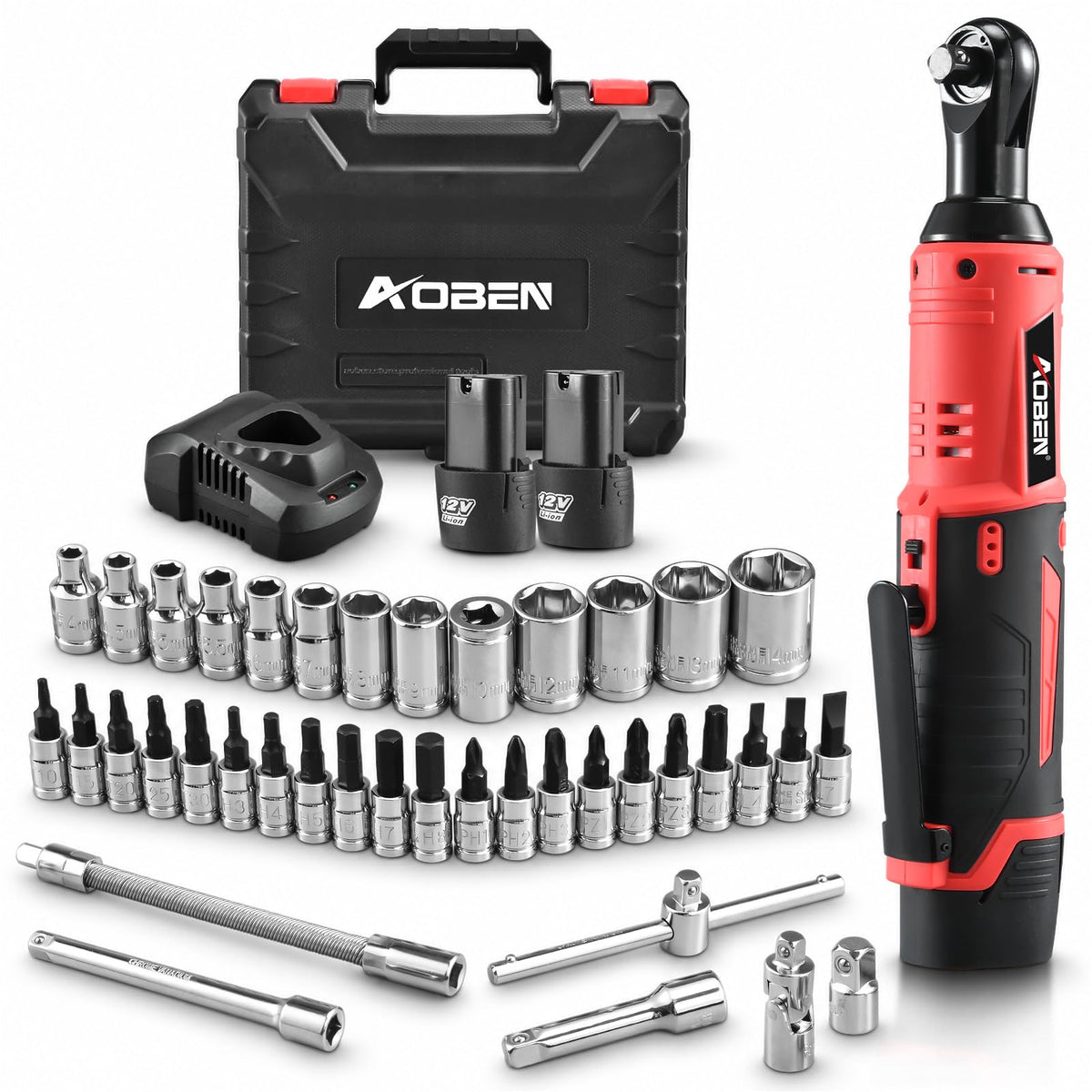 AOBEN Cordless Ratchet Wrench Kit,3/8" ratchet,40 Ft-lbs Electric Power Ratchet Set with Variable Speed Trigger,2 Packs 2000mAh Lithium-Ion Battery And Charger,83 Sockets
