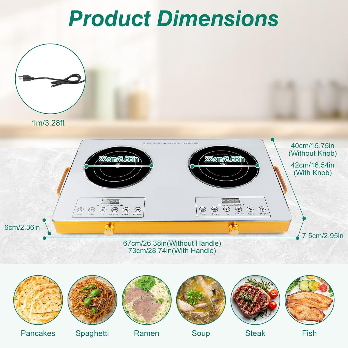 Electric Countertop Double Burner, 7000W Ceramic Cooktop with Crystal Glass Hot Plate & Stay Cool Handles, 12 Level Temperature Control, LED Display, Touch Control, Cooking Stove for Home Camping RV