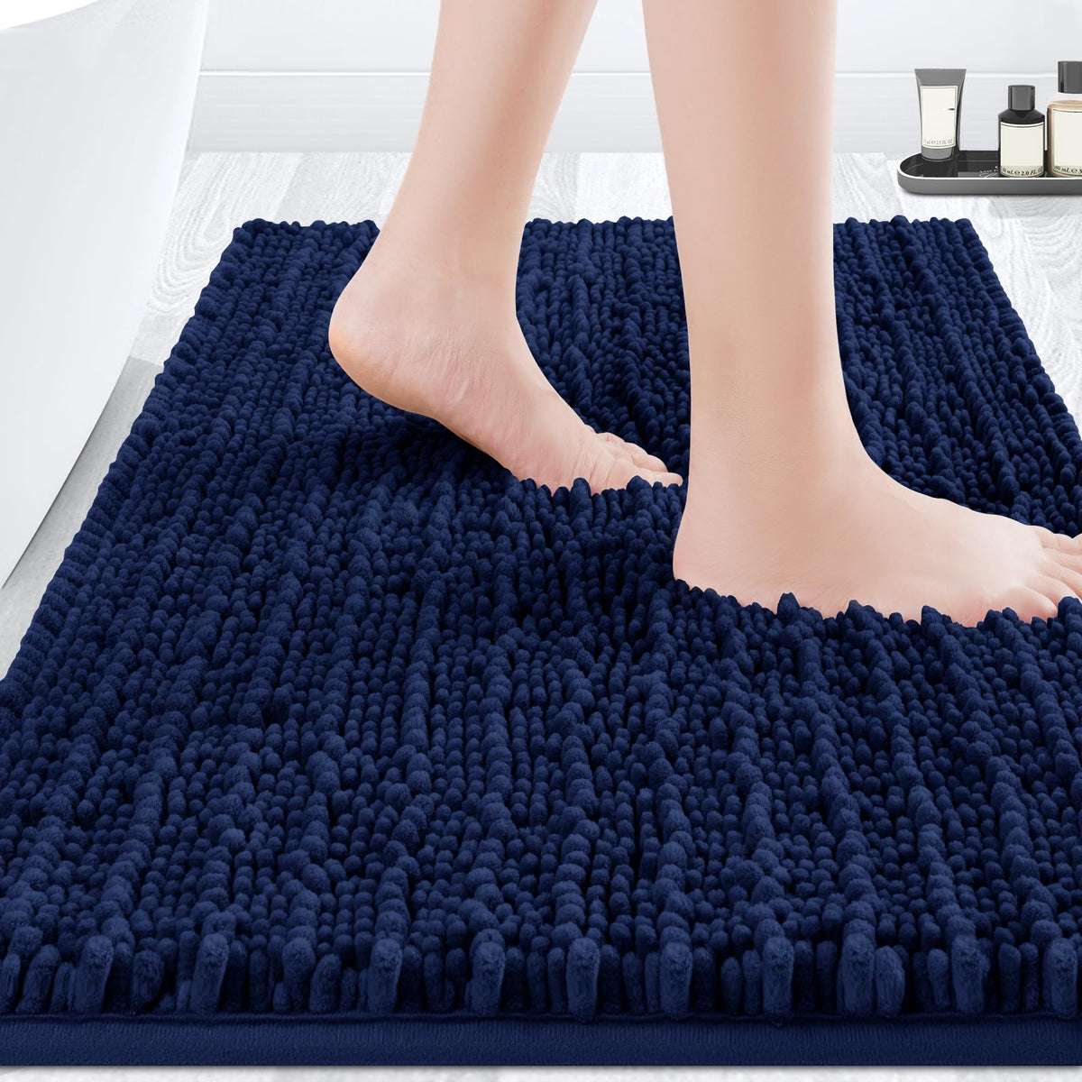 ACCUMTEK Upgrade Extra Large Black Bathroom Rug Set 3 Pieces Ultra Soft, Thick Absorbent Bath Mats, Non Slip Chenille Toilet Mat for Bathroom, Bedroom, Kitchen