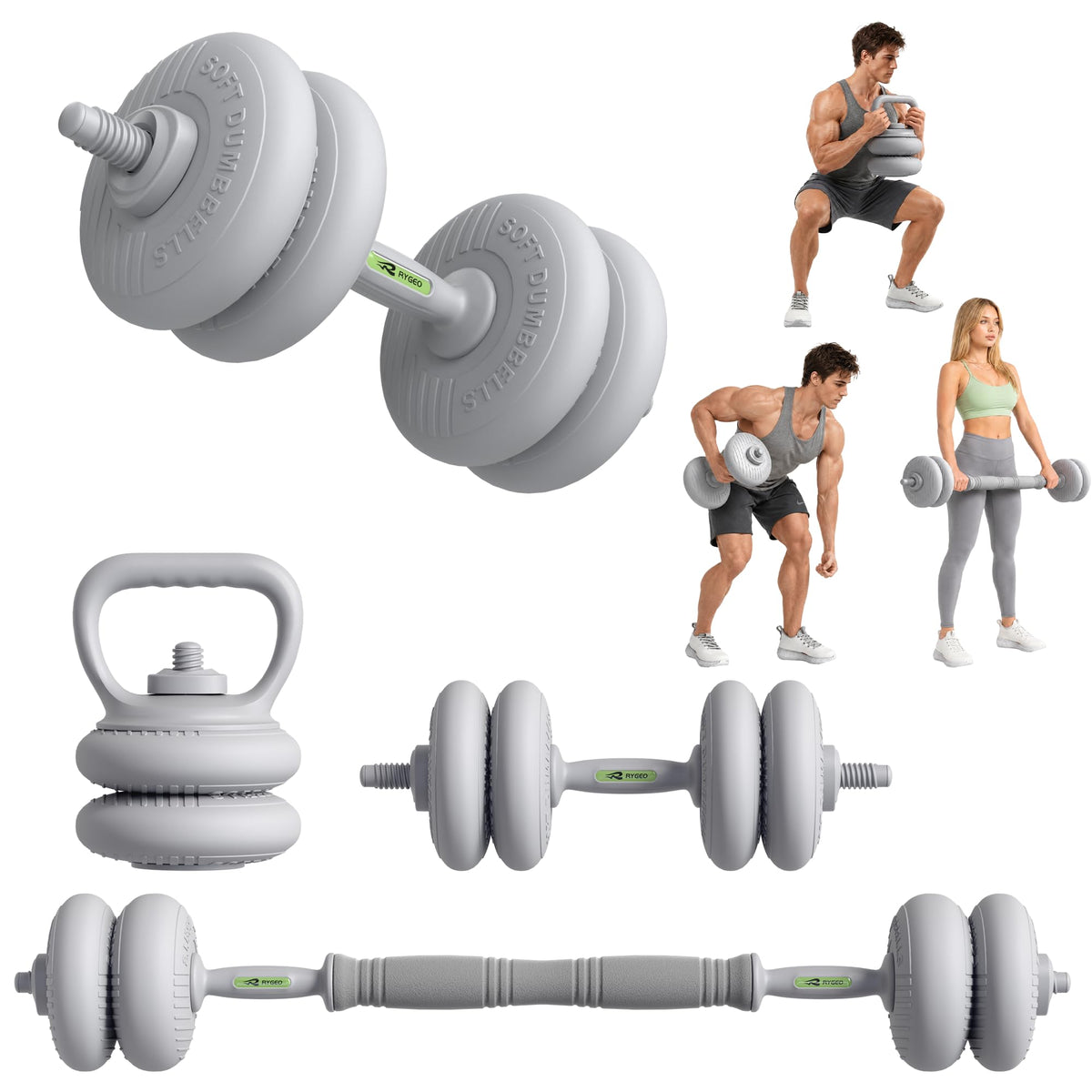 RYGEO Adjustable Dumbbell Set 22lb/44lb/66lb/80lbs Free Weights and Connector, Convert to Barbell, Kettlebells, All Floor Friendly Soft-shell Dumbbells, Home Gym Fitness for Men Women