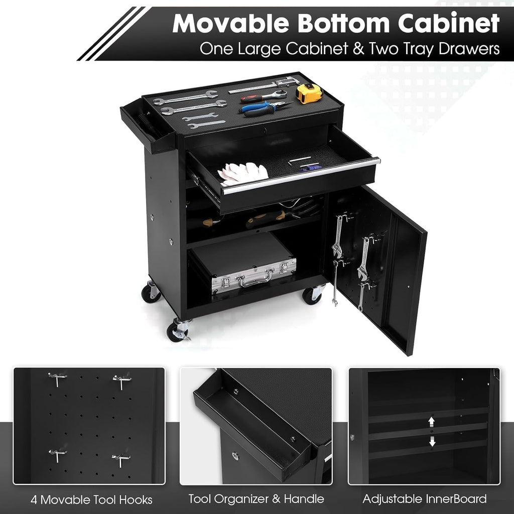 5-Drawer Rolling Tool Box with Lockable Wheels, Tool Chest with Detachable Tool Box, 4 Hooks, and Liner, Heavy-Duty Metal Tool Cart for Garage and Workshop Storage, Black