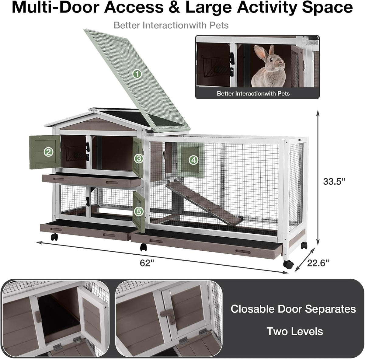 62″ 2-Story Large Rabbit Hutch with Chew-Proof Ramp, 3 Leakproof Trays, Waterproof Roof, 6 Lockable Wheels for Rabbits & Guinea Pigs (Brown)