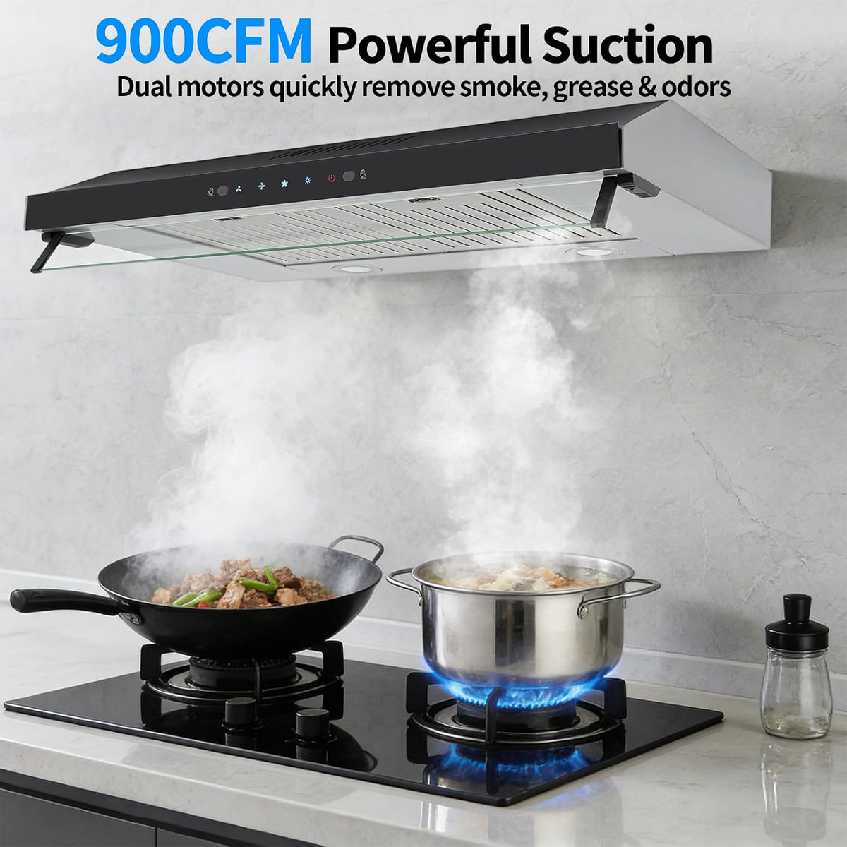 Under Cabinet Range Hood 30In 900CFM Black Ducted/Ductless Range Hoods Kitchen Stove Vent Hood for Kitchen Stainless Steel Range Hoods,3-speed Fan,Touch Control/Gesture Sensing (900CFM-30in)