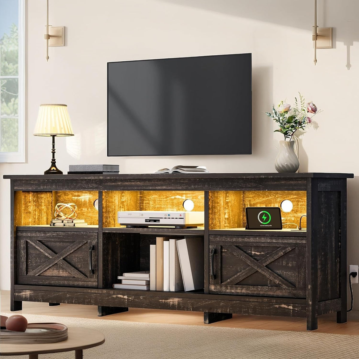 YITAHOME 59" TV Stand with Power Outlet & LED Light for 65 Inch TVs, Black