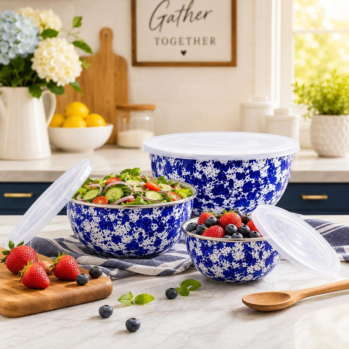 Golden Rabbit Enamelware Nested Mixing Bowls with Lids, Set of 3, Cobalt Swirl