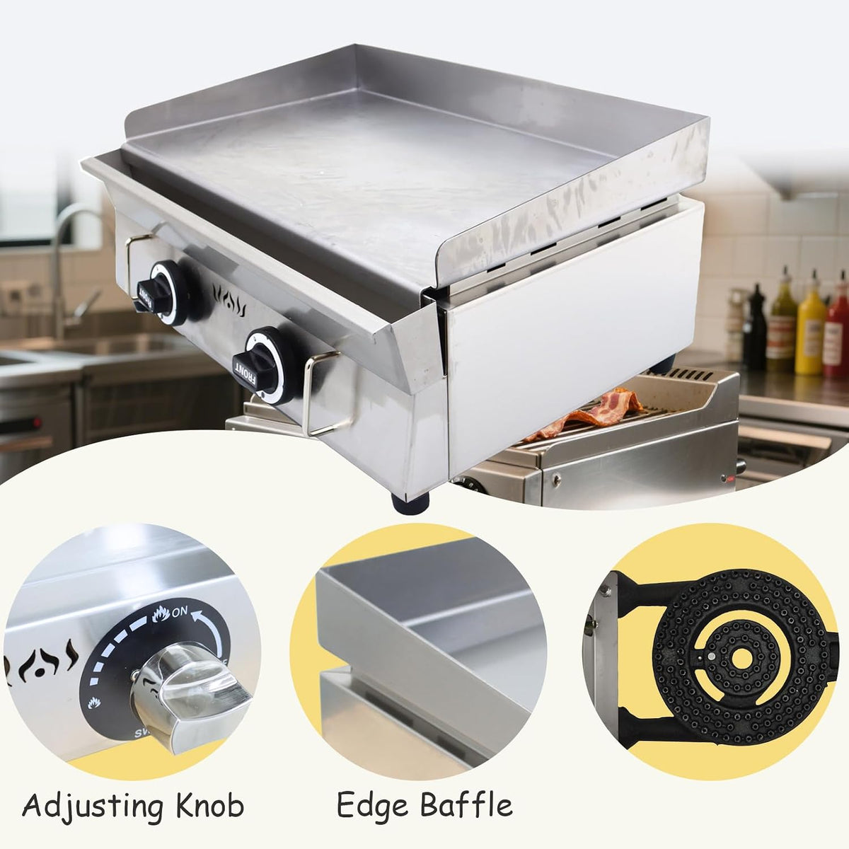 INTSUPERMAI LPG Gas Grill Griddle Countertop Griddle Flat Top Grill Hot Plate Stove Stainless Steel Teppanyaki Gril 2800Pa 21.26×13.39inch Plate Separately Adjustable Temperature Control