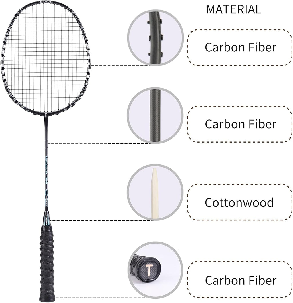 Professional Badminton Rackets Set of 4 Sports Outdoor Backyard or Indoor Badminton Game Set with Shuttlecocks- Includes 4 Black Rackets, 12 Duck Feather Badminton Shuttlecocks