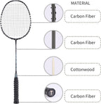 Professional Badminton Rackets Set of 4 Sports Outdoor Backyard or Indoor Badminton Game Set with Shuttlecocks- Includes 4 Black Rackets, 12 Duck Feather Badminton Shuttlecocks