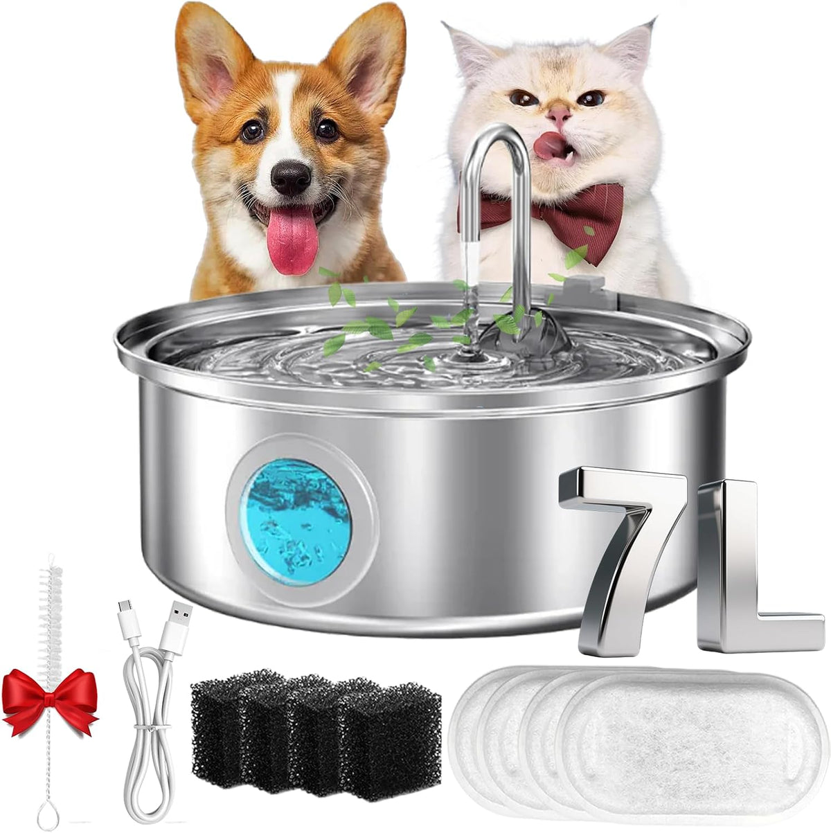 Water Fountain for Cats, 2026 New Stainless Steel Water Fountain, Ultra-Quiet Cat Fountain with 2 Filters, 3.2/7L(108/236oz) Cats Essentials Water Fountains for Cat, Dog(8Filters, 7L)