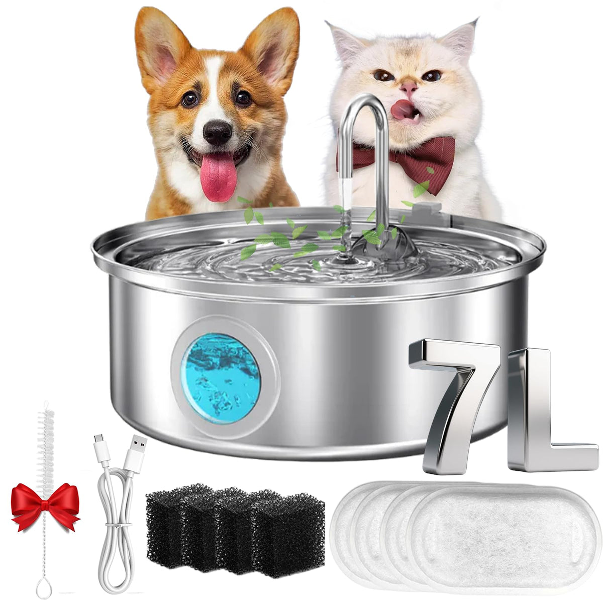 Water Fountain for Cats, 2026 New Stainless Steel Water Fountain, Ultra-Quiet Cat Fountain with 2 Filters, 3.2/7L(108/236oz) Cats Essentials Water Fountains for Cat, Dog (4Filters, 7L)