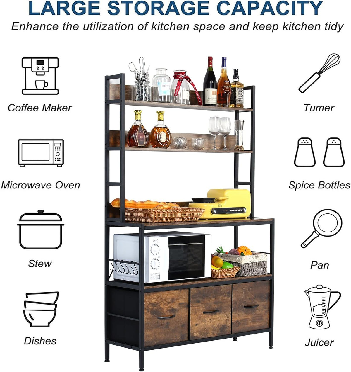 Kitchen Bakers Rack with Baskets,5-Tier Free Standing Storage Shelf Rack,Industrial Microwave Oven Stand,Metal Kitchen Rack Organizer with Hooks