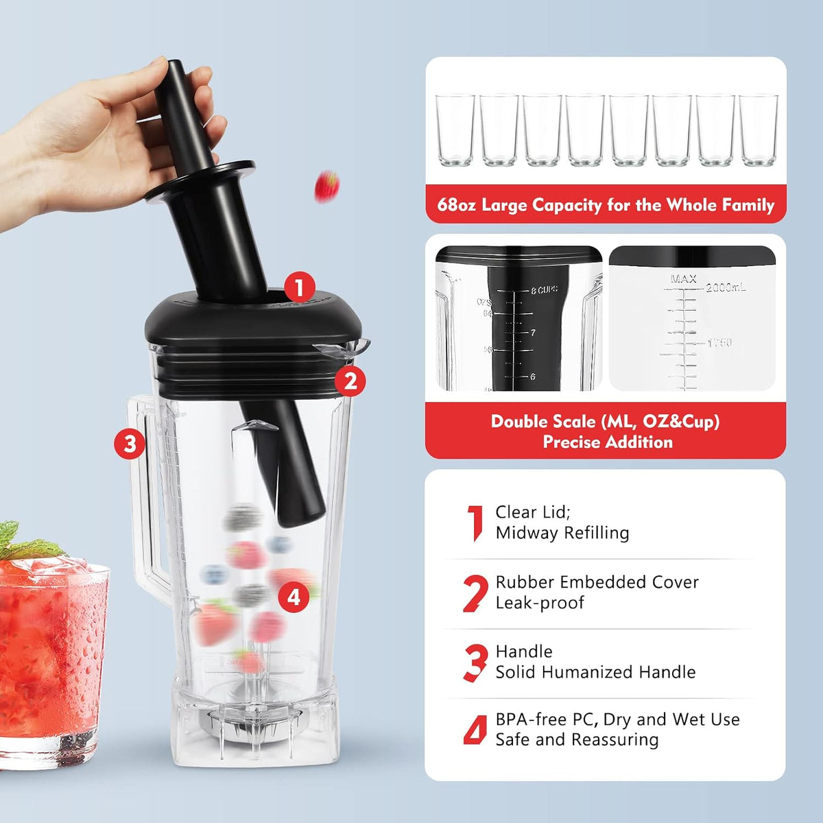 Professional Blender, 2000ml Capacity, 2200W Power, 45000RPM Speed, Red Color, Smoothies and Shakes