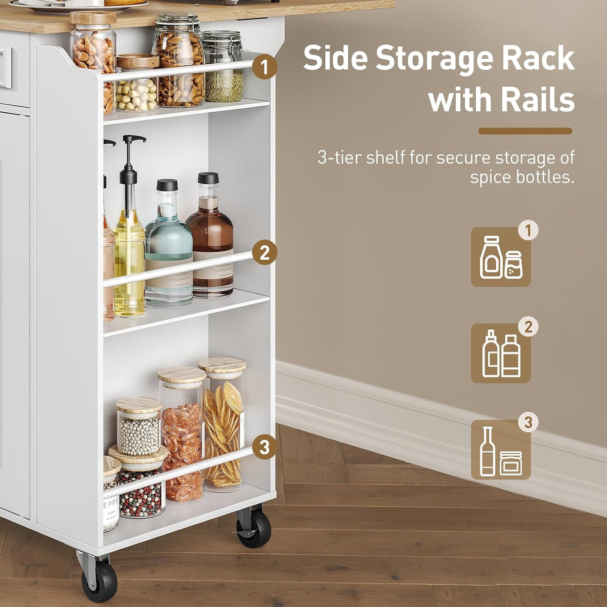 RALGEND Kitchen Island with Power Outlets & Drop Leaf, Small Rolling Kitchen Cart on Wheels, Kitchen Storage Island with Spice Rack, Mobile Island Table for Kitchen, Dinning, White and Natural
