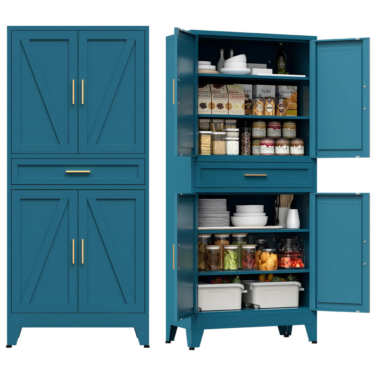 COFaR Black Farmhouse Storage Kitchen Pantry Cabinet with 2 Barn Door, 3 Adjustable Shelves and Legs, for Cupboard/Dining Room/Bathroom/Living Room/Office/Laundry Room (Black, 61" Farmhouse)