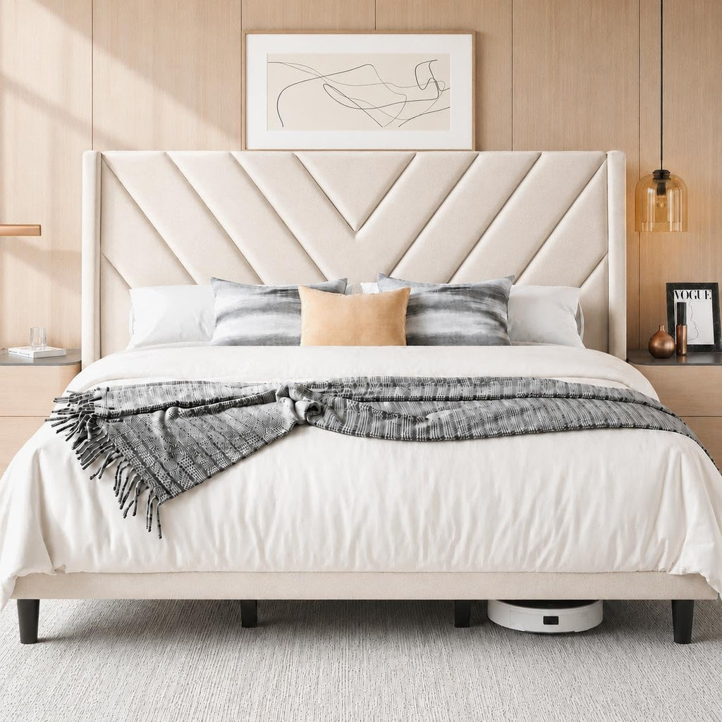 Yaheetech Queen Bed Frame with Chevron Channel-Tufted Headboard, Beige