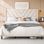 Yaheetech Queen Bed Frame with Chevron Channel-Tufted Headboard, Beige