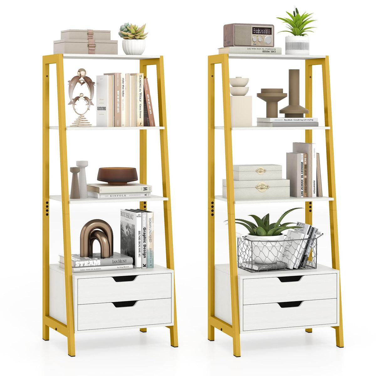 GIANTEX 4-Tier Bookshelf with 2 Drawers Set of 2, Modern Ladder Bookshelf w/Storage, Sturdy Metal Frame, Anti-toppling Devices, Display Standing Shelf Unit, Freestanding Bookcase, Rustic Brown