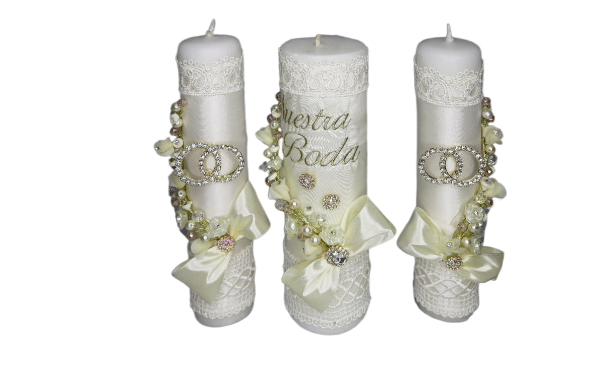 A&C Quinceañeras and More Unity Candles Wedding Set Unity candles Set of 3 for wedding Ceremony Candles for Wedding velas de union Candle for the couple VU60 (Ivory Gold)