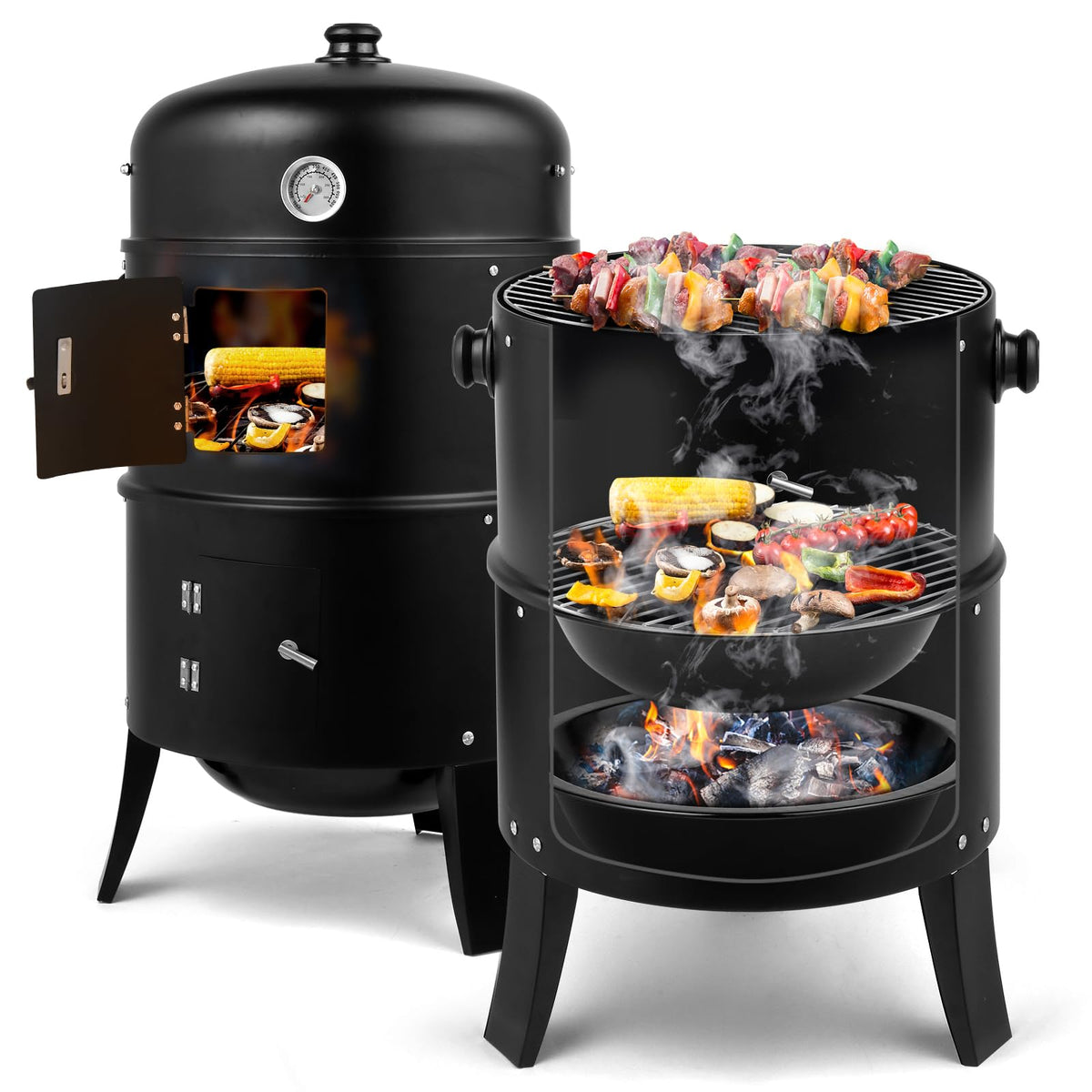 3-in-1 Vertical Charcoal Smoker BBQ Grill 18.8 Inch Outdoor Portable Smoker Grills with Built-in Thermometer, Air Vent Idea for Patio Backyard Barbecue Cooking Camping
