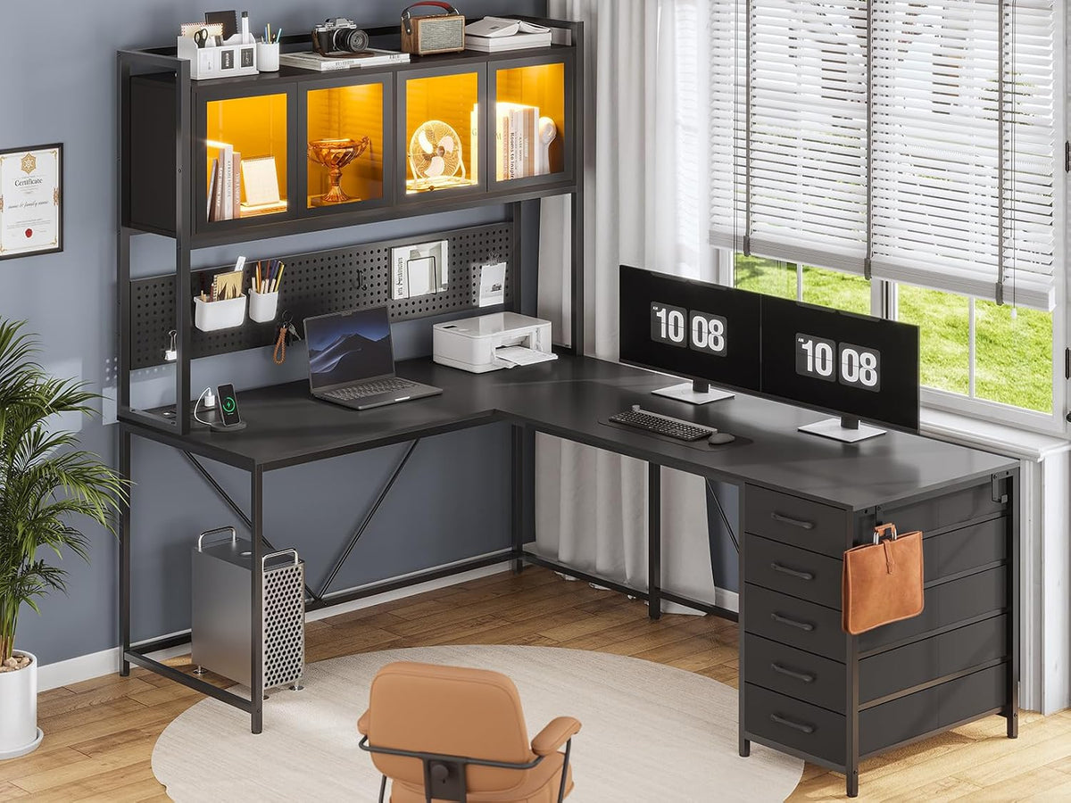 SEDETA L Shaped Gaming Corner Desk with Drawers, Hutch and Storage Shelves