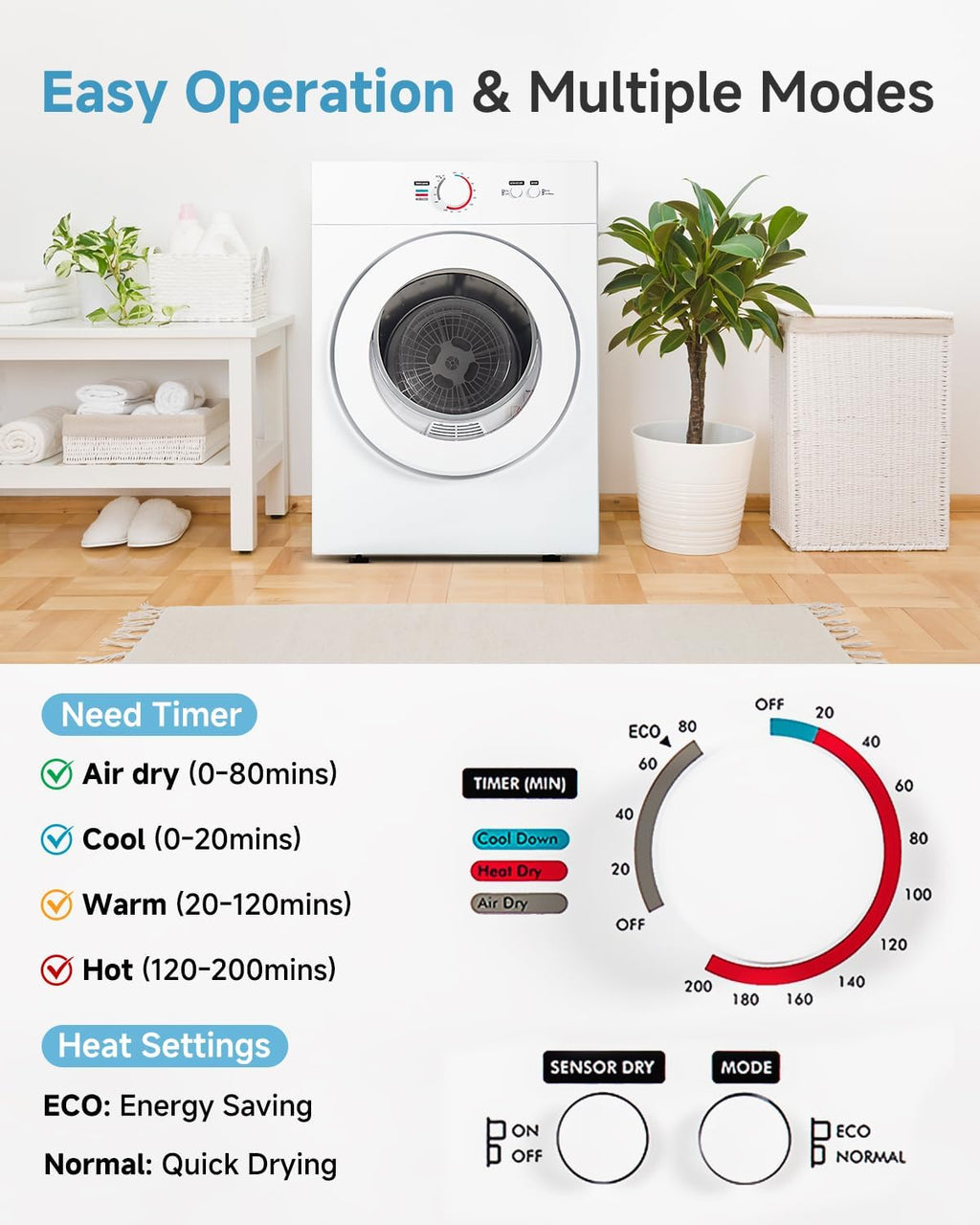 Feelfunn 1020W Portable Clothes Dryer with 4 Automatic Drying Modes