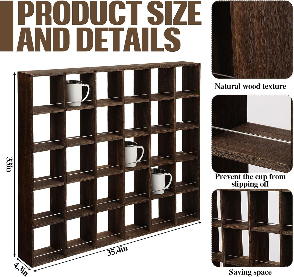 Kigley Oversize Coffee Mug Display Rack Wooden Shelves Rustic Shot Glass Display Case Travel Mug Shelf Wall Mounted Rack Holder Shadow Box(5 x 6,Dark Brown)