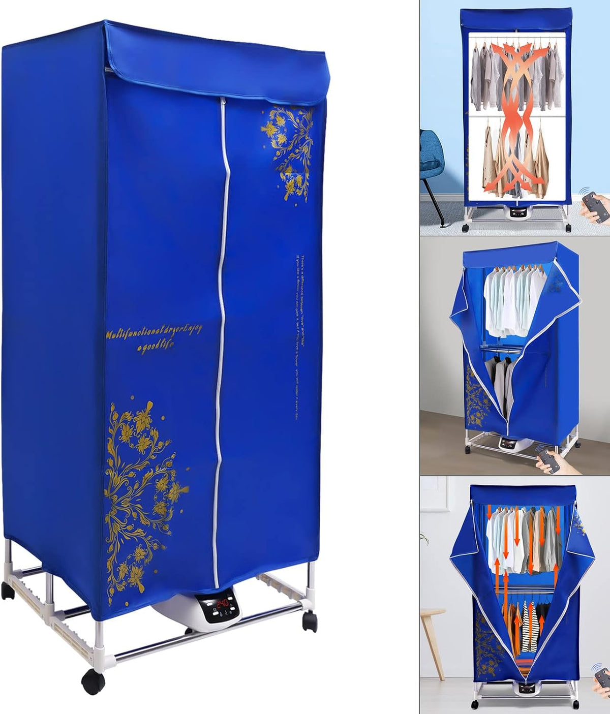 Electric Clothes Dryer 1500W Travel Dryer Machine with 4 Wheels 3 Gears Portable Clothes Dryer Remote Control Clothes Dryer Machine for Apartments Home