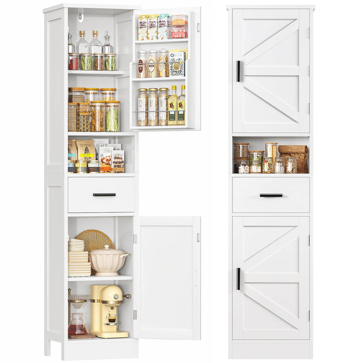 TEENFON Storage Cabinet, Pantry Cabinet with 2 Adjustable Shelves & Large Drawer, Kitchen Pantry Cabinet with 4 Doors, Bathroom Storage Cabinets, for Living Room, White