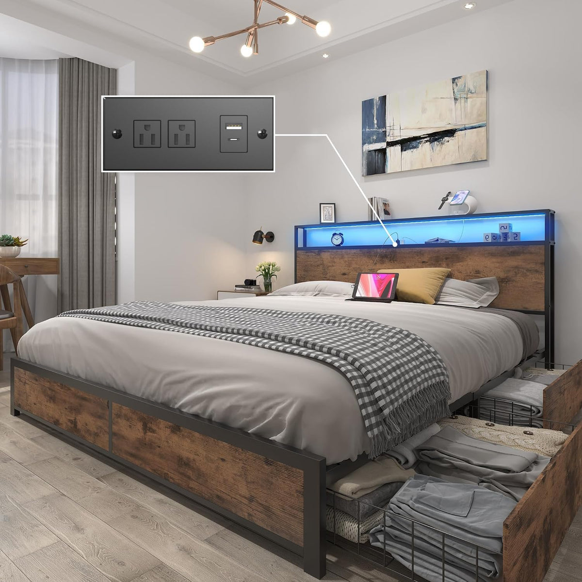 Lifezone Queen Bed Frame with 2-Tier Storage Headboard, Metal Platform Bed Frame with 4 Storage Drawers, Built in Charging Station & LED, Noise-Free/Metal Support/No Box Spring Needed, Rustic Grey