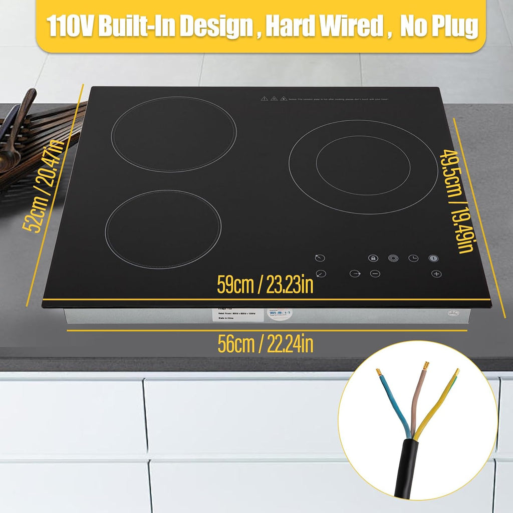 23 Inch 3 Burners Electric Cooktop w/ 9 Heating Level (No Plug)