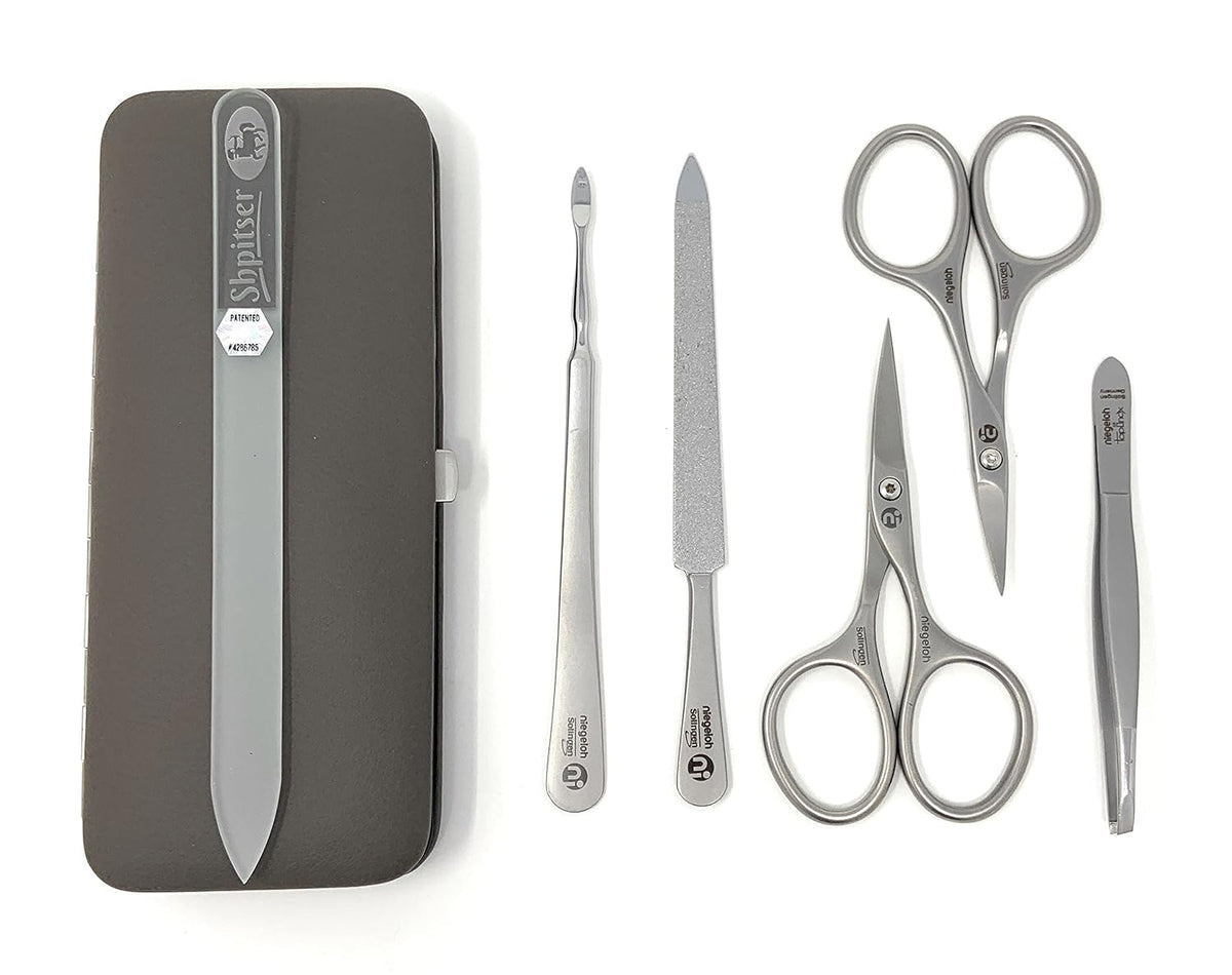 Niegeloh Solingen TopInox Surgical Stainless Steel Luxuries Manicure Set Grooming kit In Quality Nappa Leather Case Made in Germany Plus BONUS: SHPITSER Crystal Glass Nail File