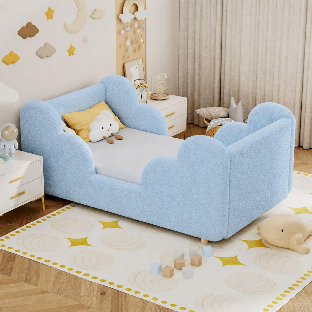 DoCred Toddler Bed, Upholstered Montessori Floor Bed with Dual Entrances