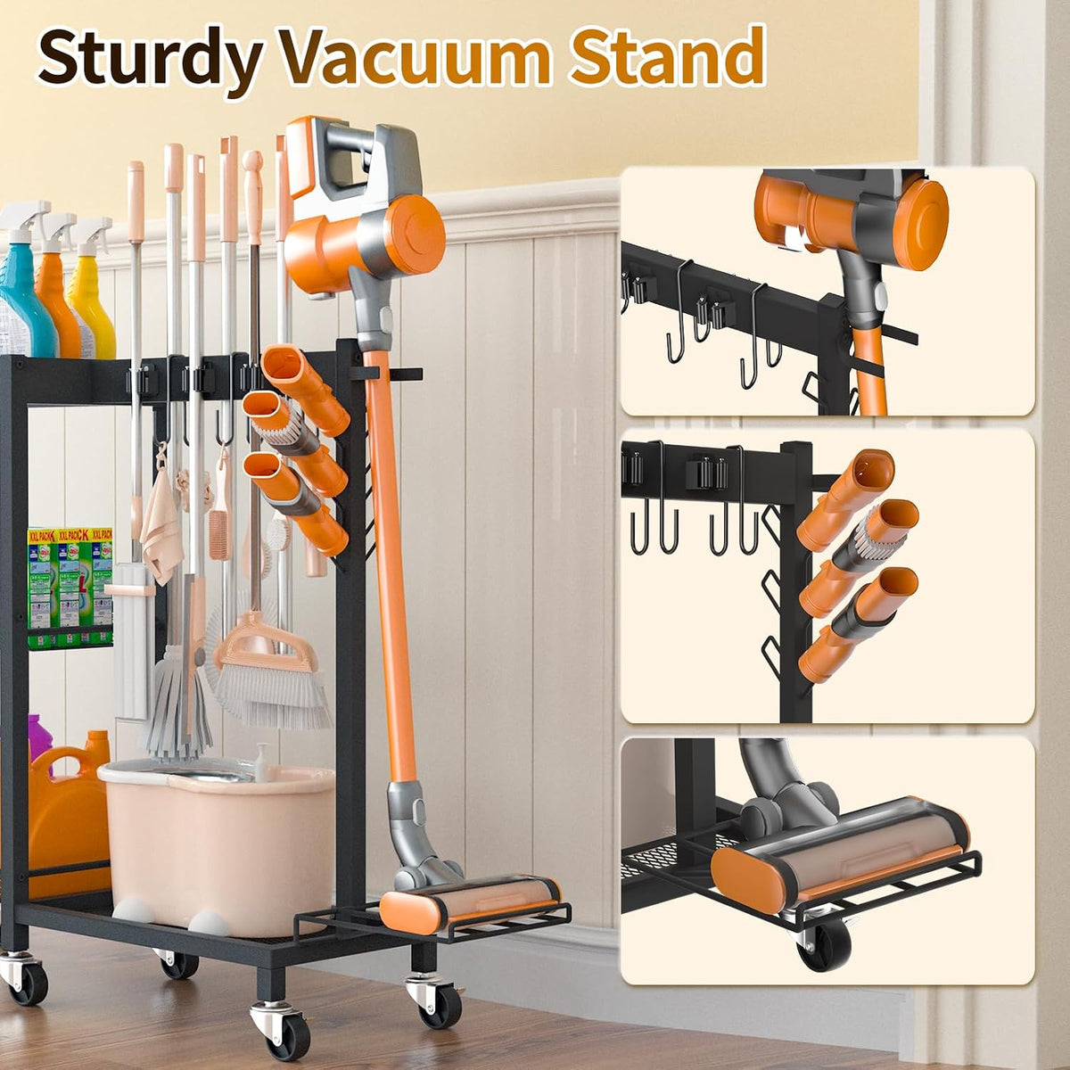 Broom Holder with Cleaning Supplies Organizer, 30.7"Wx11.8"Dx34.6"H