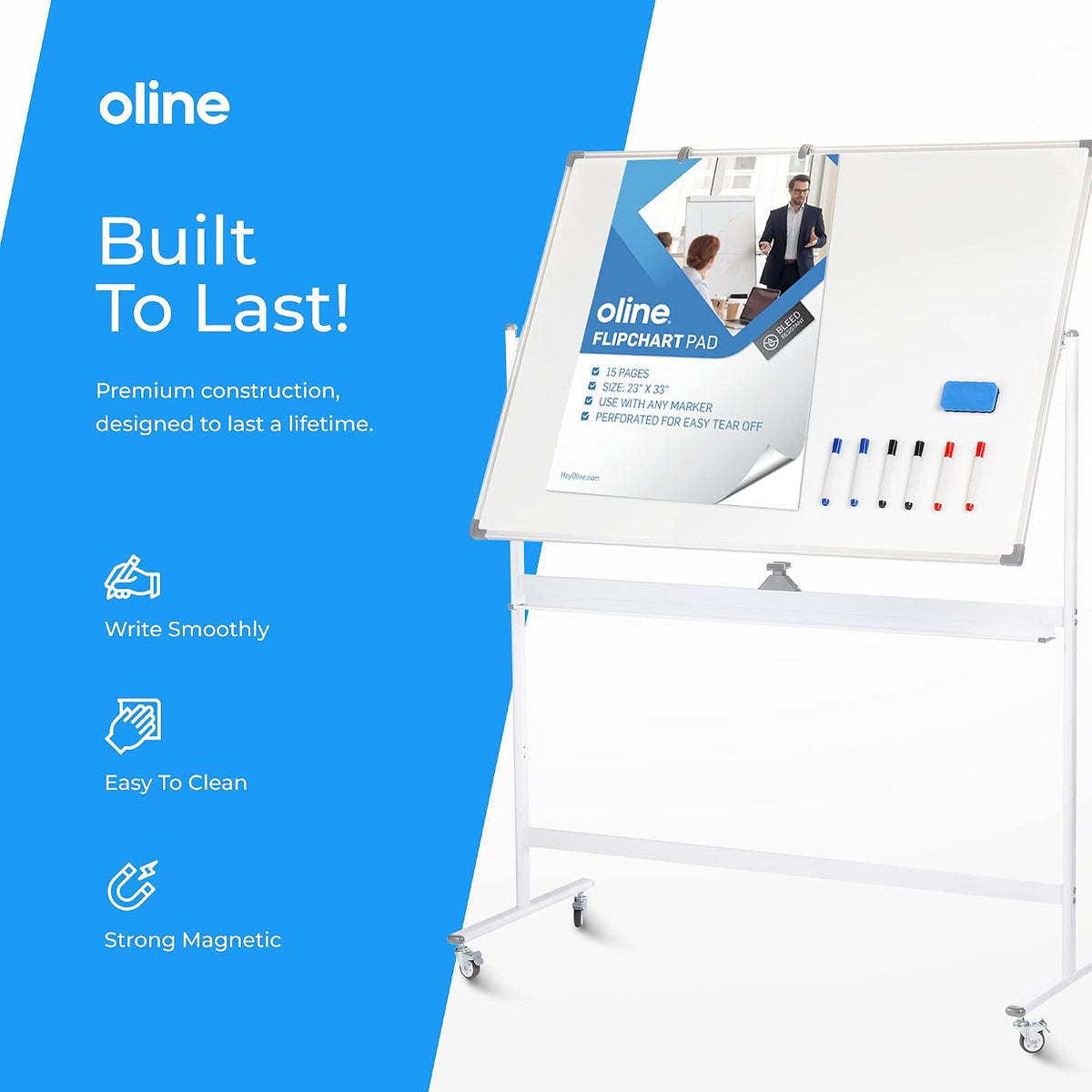Oline Mobile Whiteboard 48 x 36 Inch Large Height Adjust 360° Magnetic Rolling Double Sided Reversible Dry Erase Board (48x36, White & Silver)