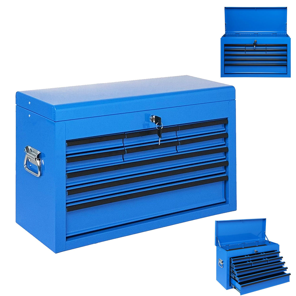 4 Drawers Metal Tool Box, 21" Portable Steel Tool Chest w/Key Lock&Latch Closure, Multi-Function Top Storage Tray Toolbox w/Powder Coating&Ball Bearing Slides (Style 1-4 Drawers - Blue)