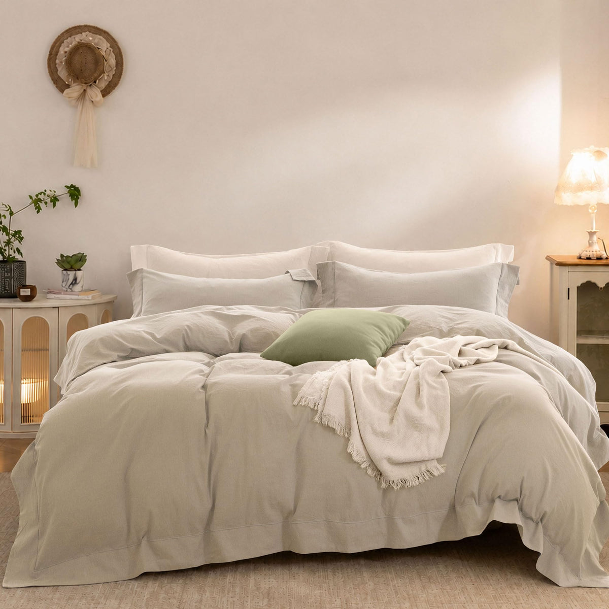 Duvet Cover Set Washed Cotton Embroidered Hem King 3‑Pcs