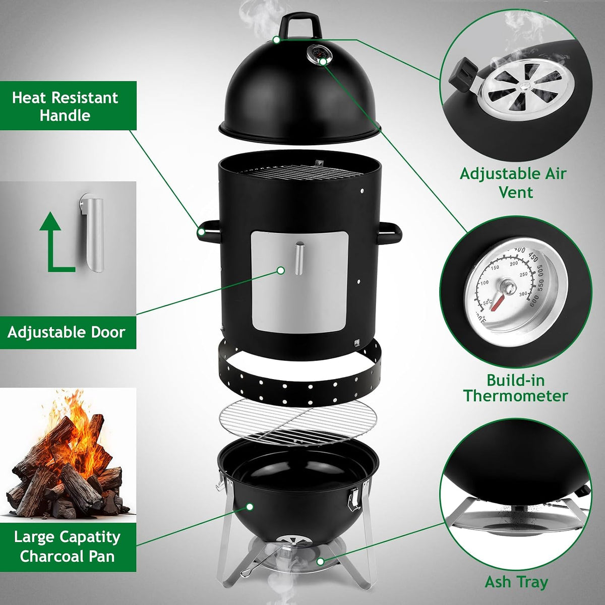3-in-1 Vertical Charcoal Smoker BBQ Grill 18.8 Inch Outdoor Portable Smoker Grills with Built-in Thermometer, Air Vent Idea for Patio Backyard Barbecue Cooking Camping