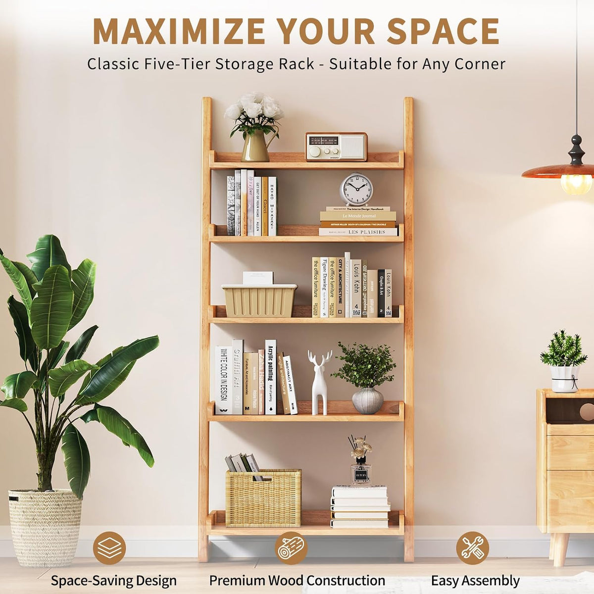 Uniclinens Natural Wooden Ladder Shelf, 5-Tier Ladder Bookshelf, Ladder Shelf Bookcase for Compact Spaces, Wooden Bookshel for Living Room, Bedroom, Home Office,(23.6''Dx15.7''Wx55.1''H)