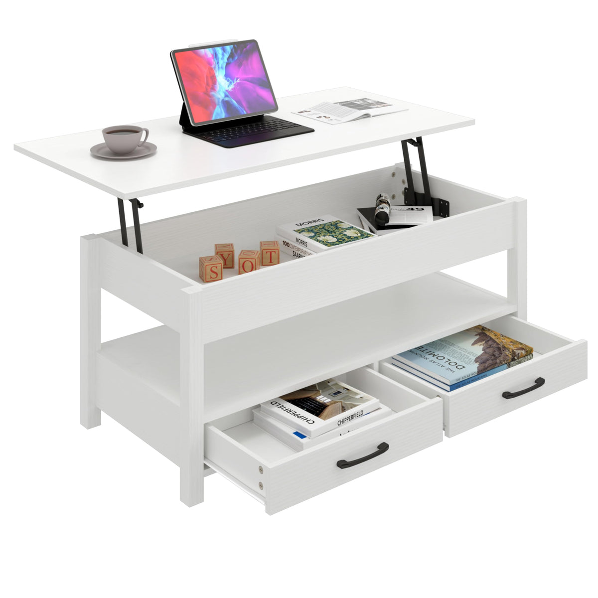 Panana Coffee Table, Lift Top Coffee Table with Hidden Compartment, 2 Drawers and 1 Open Shelf, Retro Central Wooden Table Lift Tabletop for Living Room (Black)