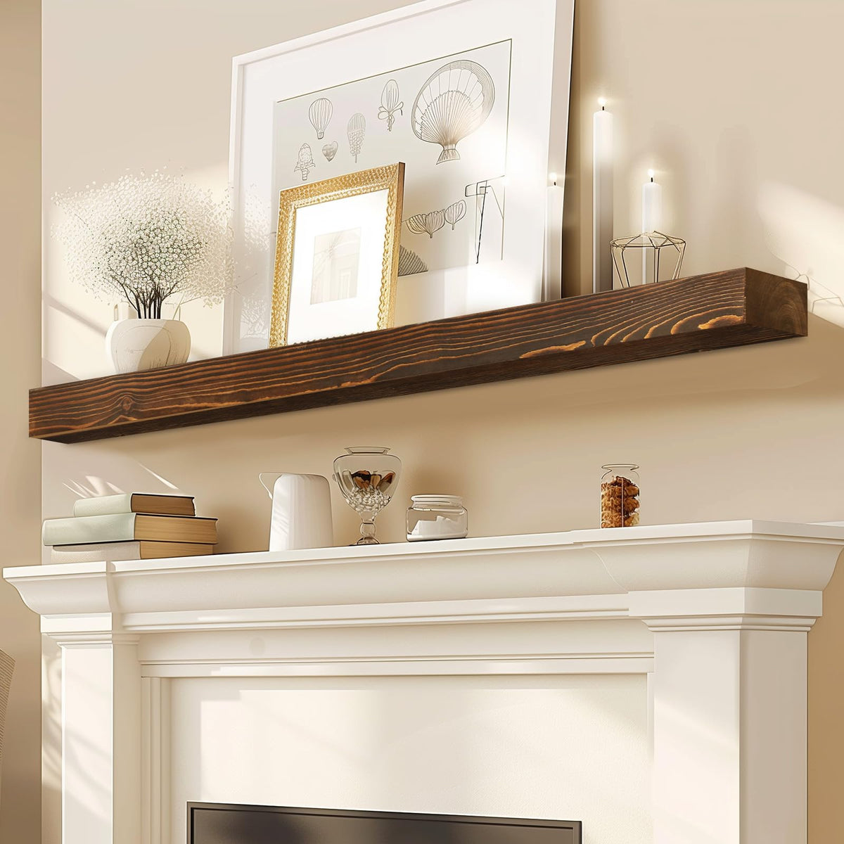 60x8x3in Rustic Fireplace Mantel Pine Wood, Weathered Brown