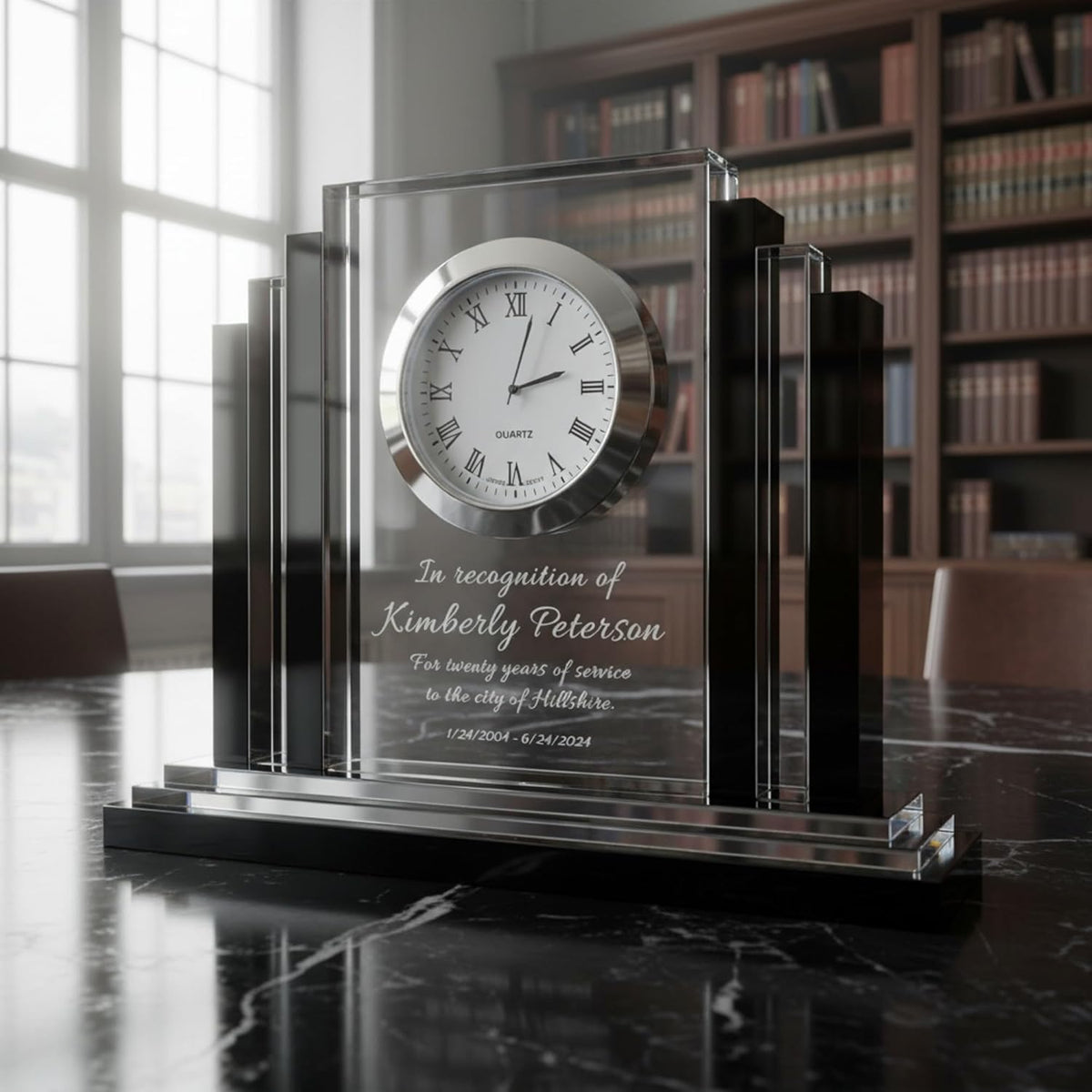 Personalized 6" Crystal Desk Clock with Black Trim Award, Custom Engraved Glass Clock for Employee Appreciation, Recognition, Retirement, Teachers