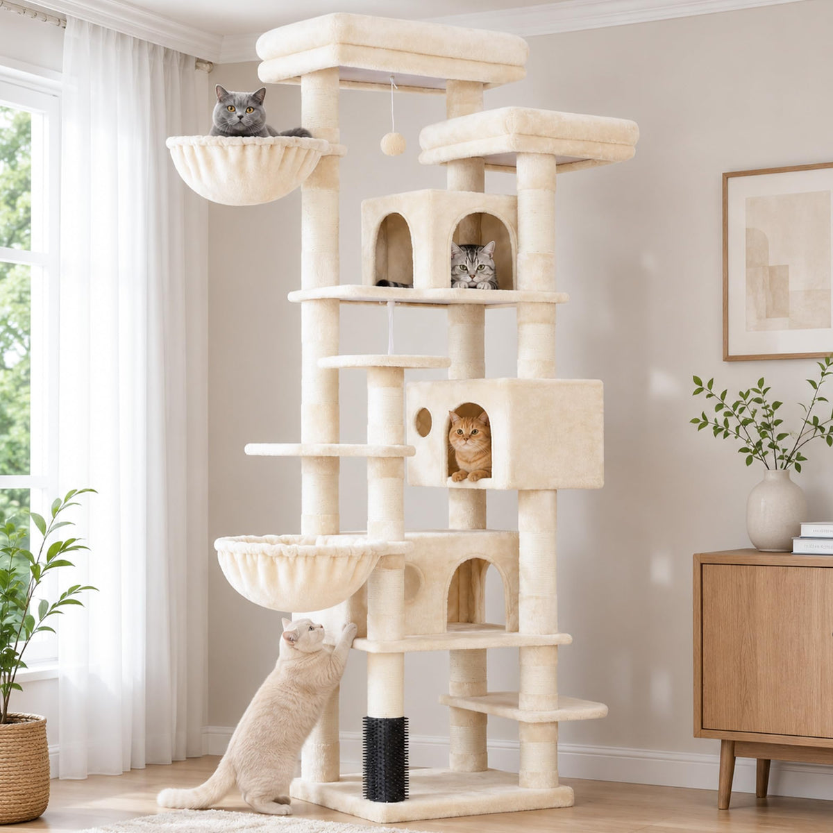 Hey-brother Cat Tree, Multi-Level Tower with 3 Condos, Hairbrush, MPJ035-MG