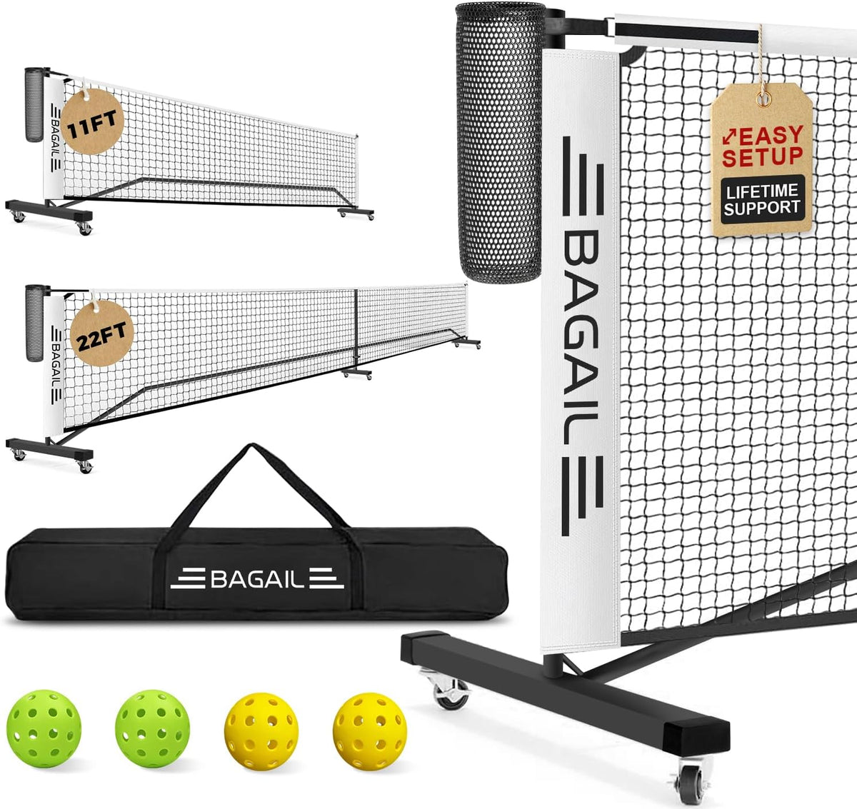 BAGAIL Portable Pickleball Net Set, 22 FT Regulation Size Pickle Ball Net with Ball Collector, 4 Balls and Carry Bag, Easy Setup for Outdoor Indoor Driveway