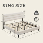 Fluest King Size Bed Frame, Platform Bed Frame with Velvet Upholstered Headboard, No Box Spring Needed, Sturdy Metal Support, Noise Free, Easy Assembly, Beige