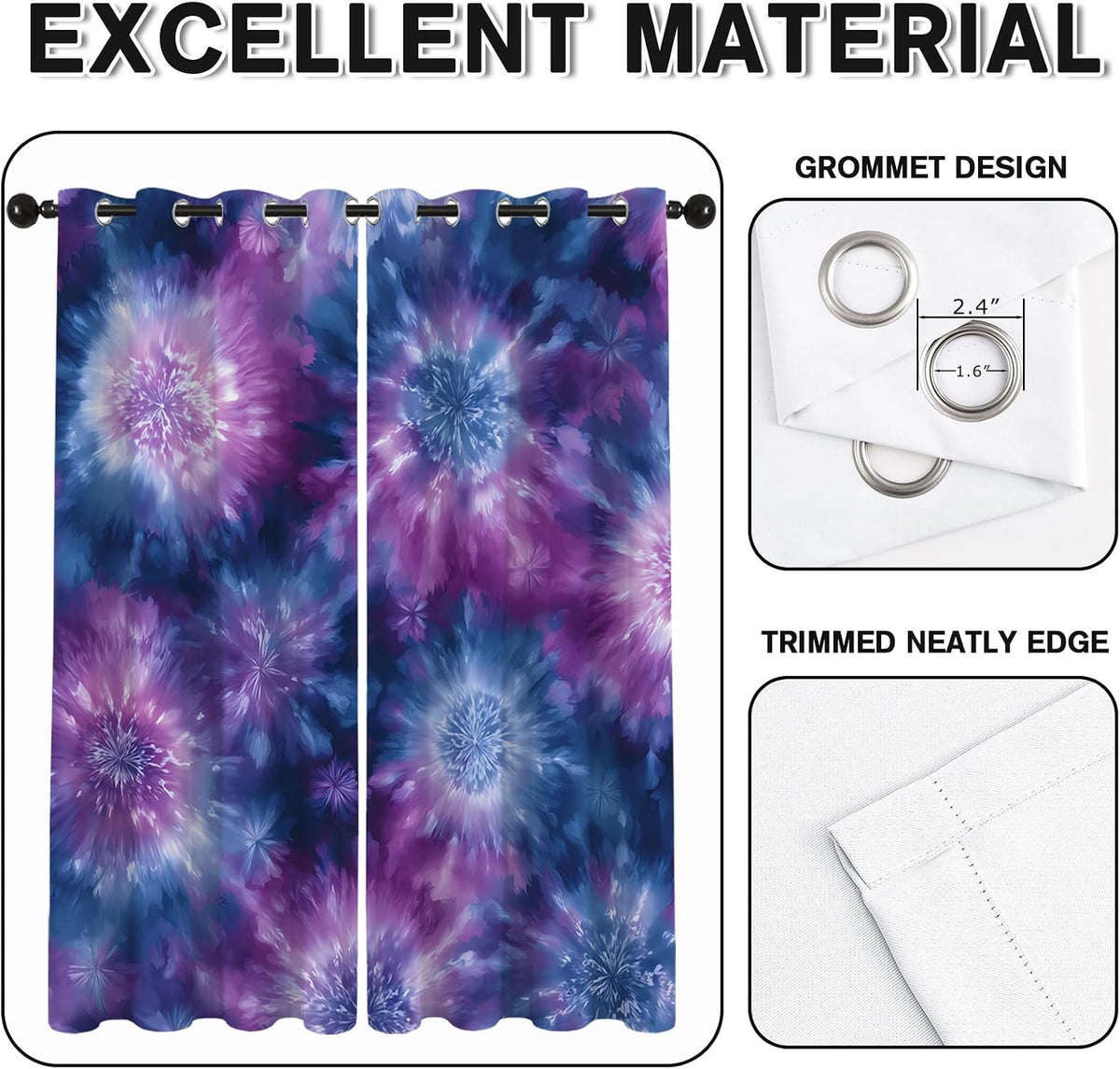 Tie Dye Blackout Curtains & Gifts, Thermal Insulated Room Darkening Grommet Drapes for Bedroom Living Room, Boho Hippie Abstract Window Treatments, 108 Inch Drapes 2 Panel Set