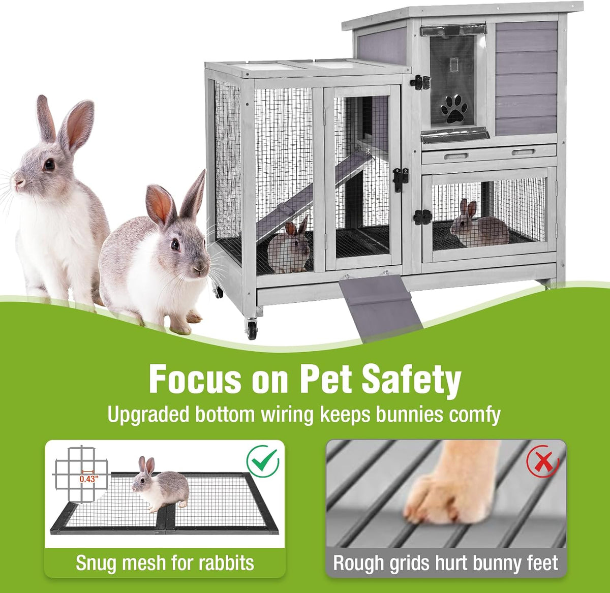 Indoor Rabbit Bunny Hutch Outdoor, Guinea Pig Cages with Removable Bottom Wire Netting - Easy Clean