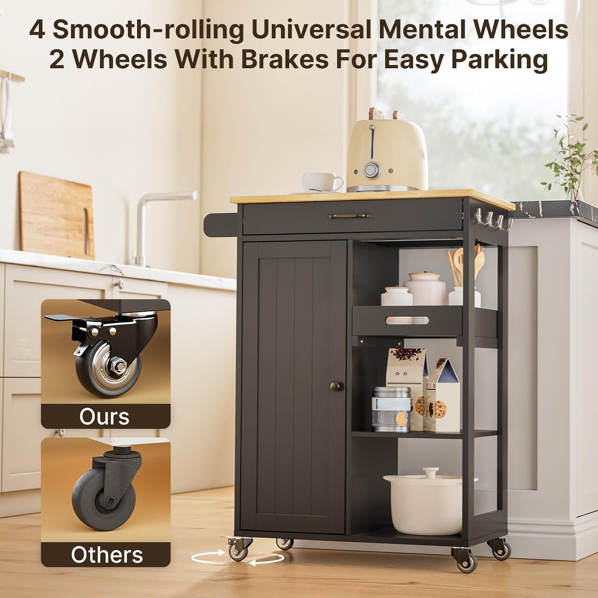 Gizoon Kitchen Island Cart with 27.6''W Solid Wood Top