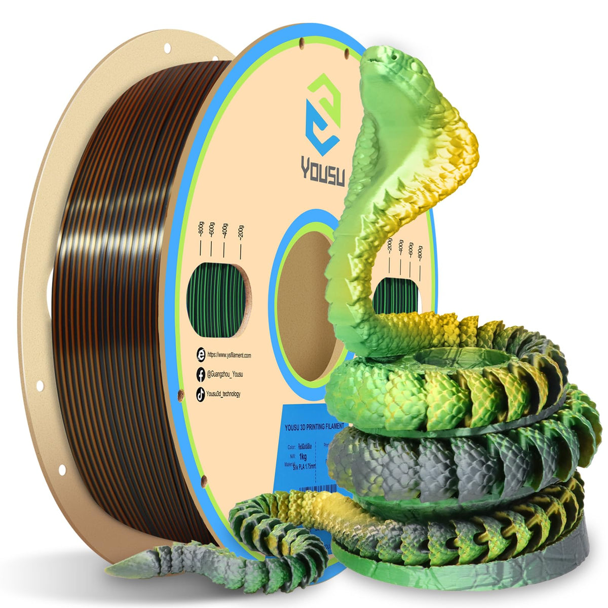 YOUSU 3D Printer Filament Silk PLA Filament Rainbow Color,1.75mm Tri Color PLA Filament 6kg Pack,1kg Spool.